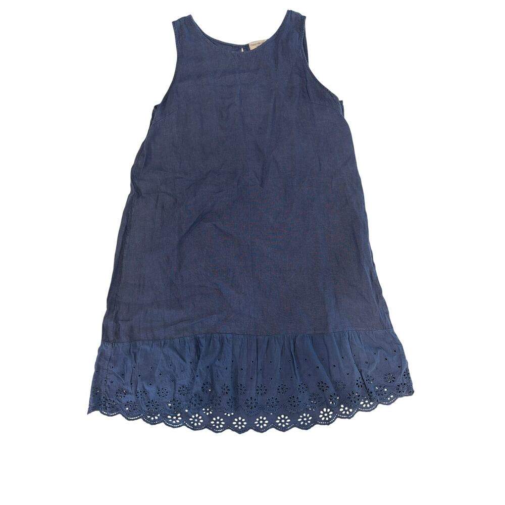 Terzo Millennio Womens 100% Linen Navy Dress Sz L Sleeveless Shift Ruffle Bottom